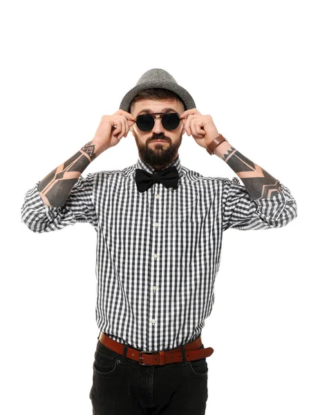 Porträtt Stilig Hipster Snygg Outfit Vit Bakgrund — Stockfoto