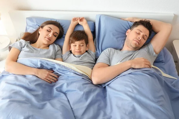 Семья спит в постели дома — стоковое фото