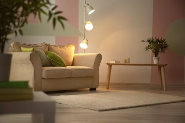 Oturma odasının içinde rahat bir kanepe var.