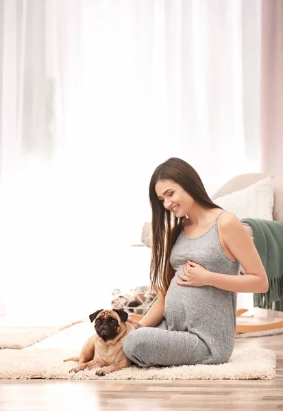 Mulher grávida com cão bonito em casa. Amizade entre animal de estimação e proprietário — Fotografia de Stock