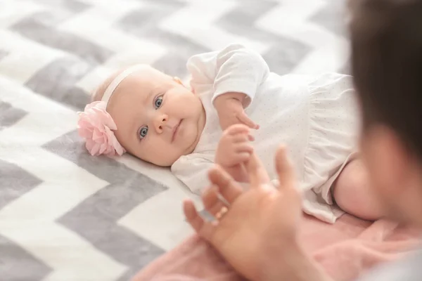 Cute Baby Holding Father Finger Bed — Stock Photo, Image