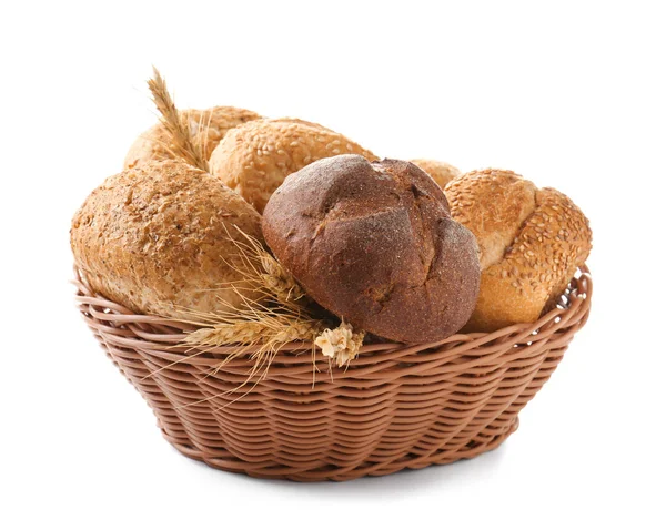Basket with bread products on white background — Stock Photo, Image