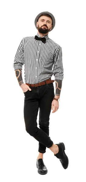 Portrait Handsome Hipster Stylish Outfit White Background — Stock Photo, Image