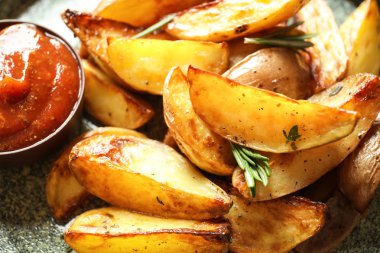 Lezzetli patates dilimleri ve domates sosu, portre