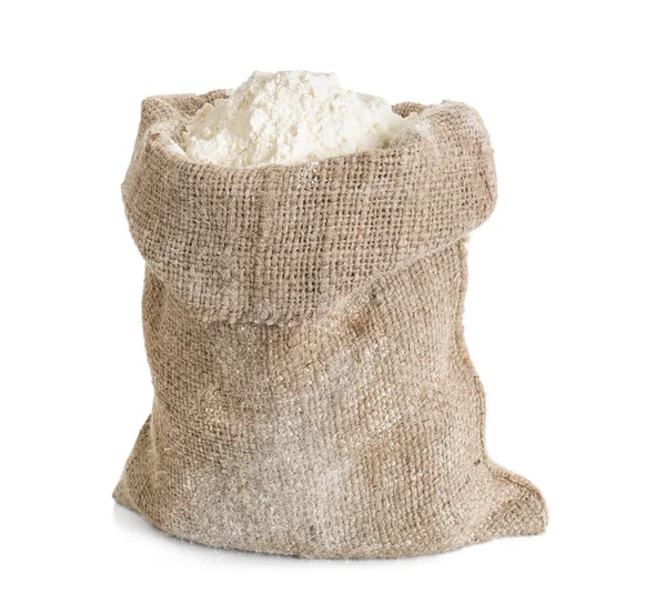 Tasche mit Mehl auf weißem Hintergrund — Stockfoto