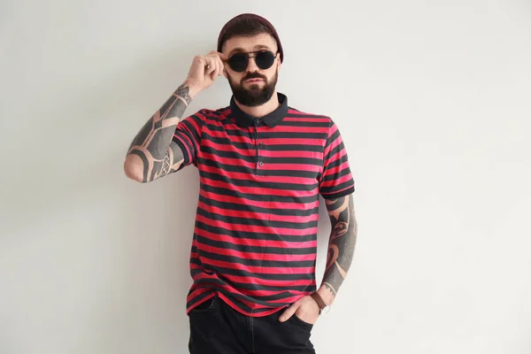 Portrait Handsome Hipster Stylish Outfit Light Background — Stock Photo, Image