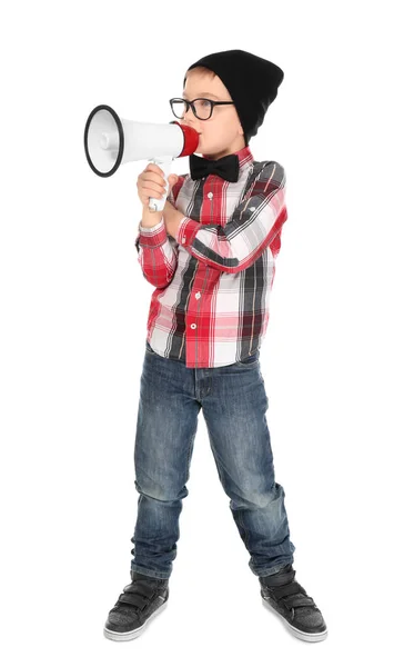 Lindo niño pequeño con megáfono sobre fondo blanco —  Fotos de Stock