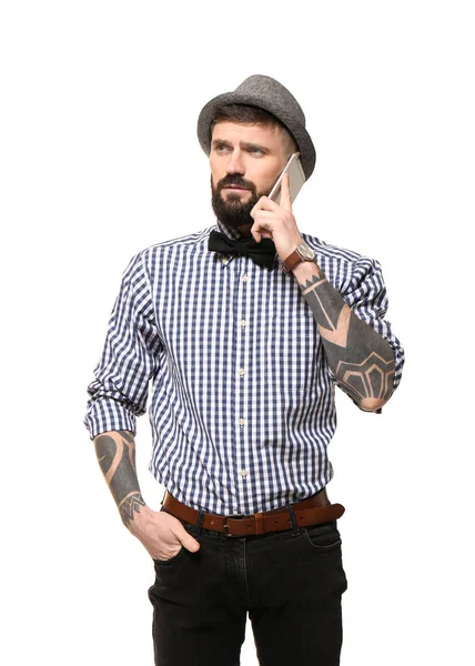 Portrait Handsome Hipster Smartphone White Background — Stock Photo, Image