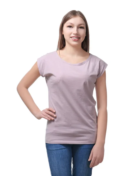 Young woman in stylish t-shirt on white background. Mockup for design — Stock Photo, Image