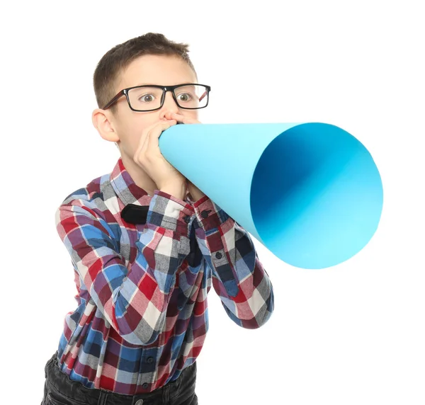 Funny little boy with paper megaphone on white background — Stock Photo, Image