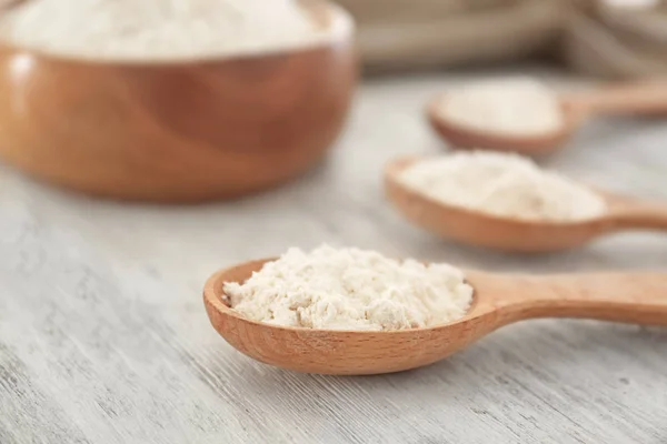 Spoon Wheat Flour Wooden Table Closeup — Stock Photo, Image