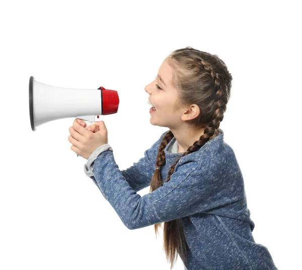Menina gritando em megafone no fundo branco — Fotografia de Stock