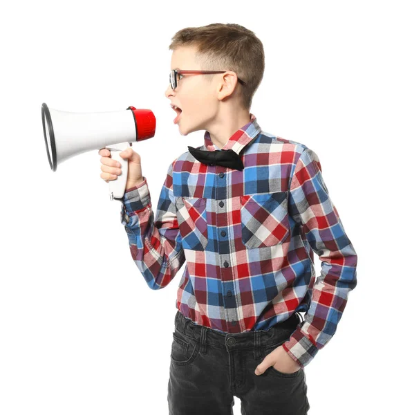 Cute little boy with megaphone on white background — Stock Photo, Image
