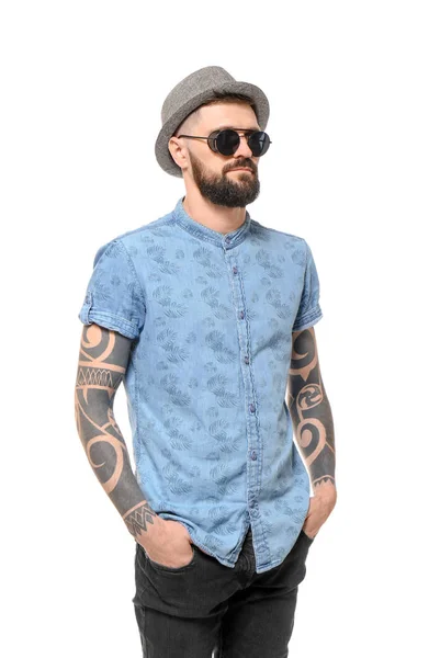 Porträtt Stilig Hipster Snygg Outfit Vit Bakgrund — Stockfoto