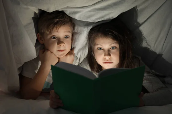 Cute little brother and sister reading bedtime story under blanket in evening — Stock Photo, Image