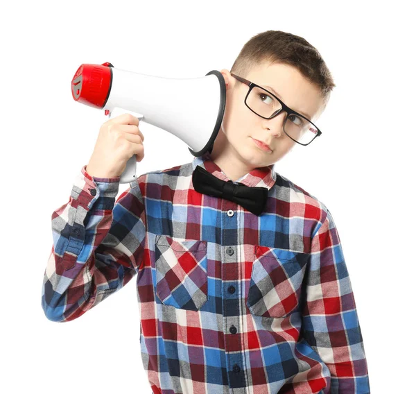 Rolig Liten Pojke Med Megafon Vit Bakgrund — Stockfoto
