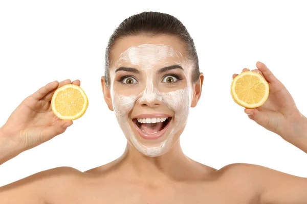 Emotional Young Woman Facial Mask Halves Ripe Lemon White Background — Stock Photo, Image