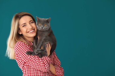 Renk arka plan üzerinde şirin evde beslenen hayvan kedi olan kadın