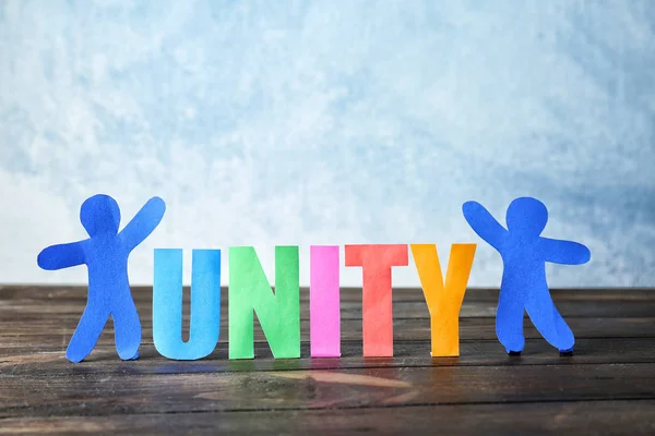 Paper People Word Unity Wooden Table — Stock Photo, Image