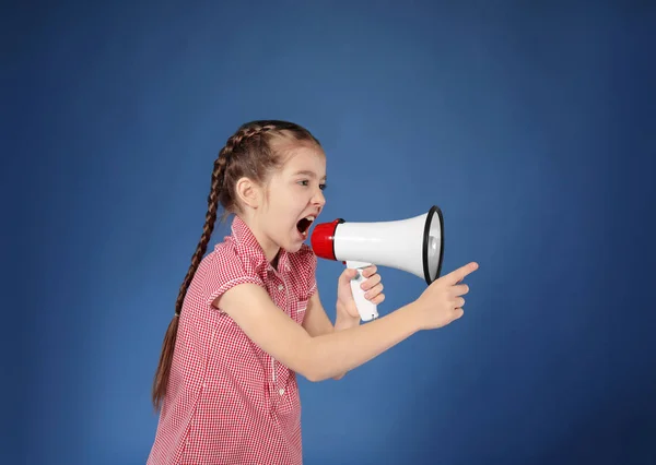 Emotional Little Girl Shouting Megaphone Color Background — Stock Photo, Image
