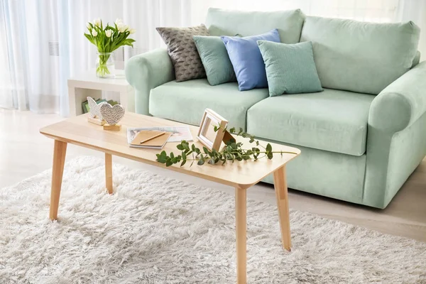 Elegante Wohnzimmereinrichtung Mit Bequemem Sofa Und Tisch — Stockfoto