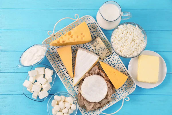 Fresh Dairy Products Wooden Background — Stock Photo, Image