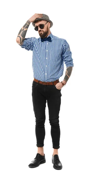 Porträtt Stilig Hipster Snygg Outfit Vit Bakgrund — Stockfoto