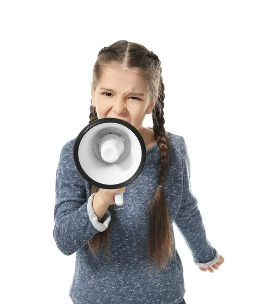 Розлючена Дівчинка Кричить Мегафон Білому Тлі — стокове фото