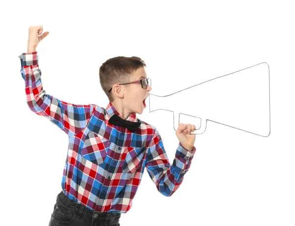 Emotionaler Kleiner Junge Mit Papier Megafon Auf Weißem Hintergrund — Stockfoto