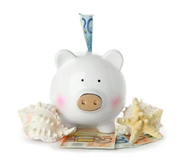 Keramische Piggy Bank Met Geld Schelpen Witte Achtergrond — Stockfoto