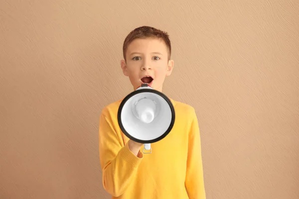 Funny Little Boy Megaphone Color Background — Stock Photo, Image