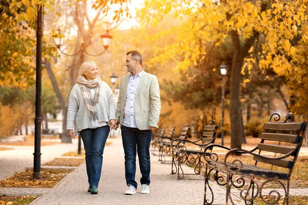 Beau couple mature marchant dans le parc d'automne — Photo