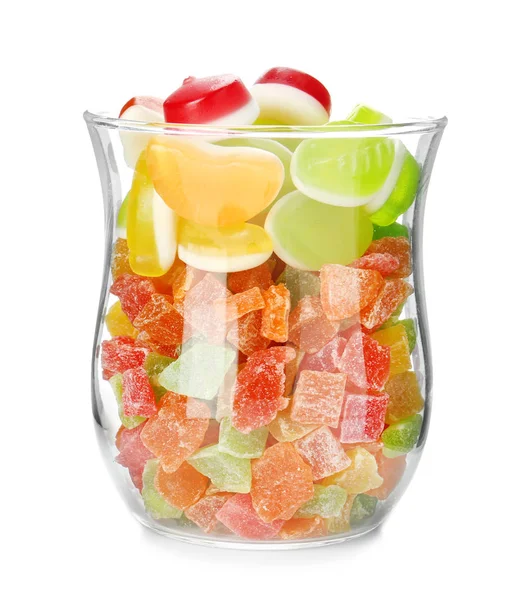 Glazen pot met kleurrijke jelly snoepjes — Stockfoto