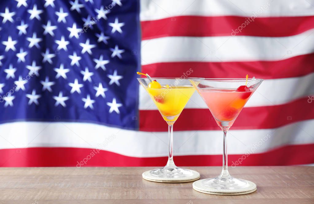 alcoholic cocktails against American flag 