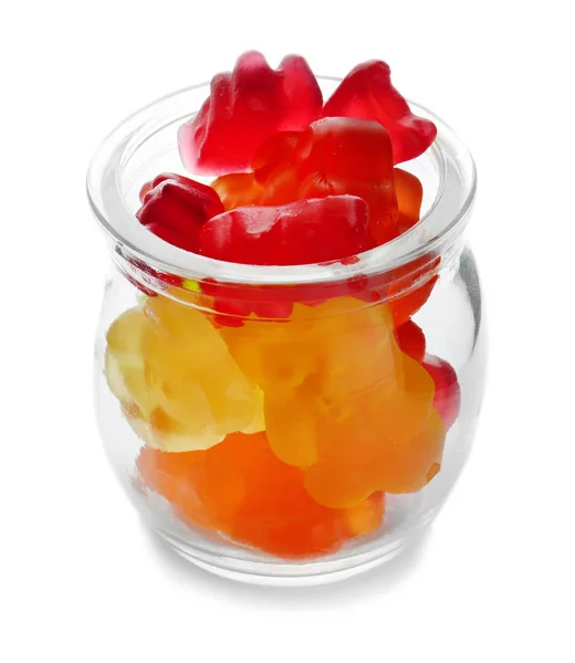 Glazen pot met kleurrijke jelly snoepjes — Stockfoto