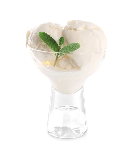 Ciotola Con Delizioso Gelato Alla Vaniglia Sfondo Bianco — Foto Stock