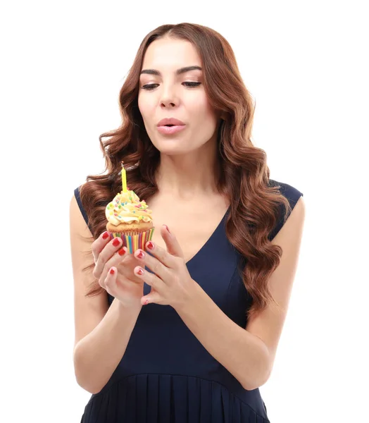 Beautiful Young Woman Snuffing Out Candle Birthday Cupcake White Background — Stock Photo, Image