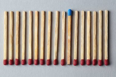 Blue match among brown ones on light background. Difference and uniqueness concept