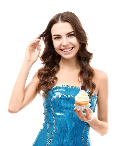 Mulher Bonita Com Cupcake Aniversário Fundo Branco — Fotografia de Stock