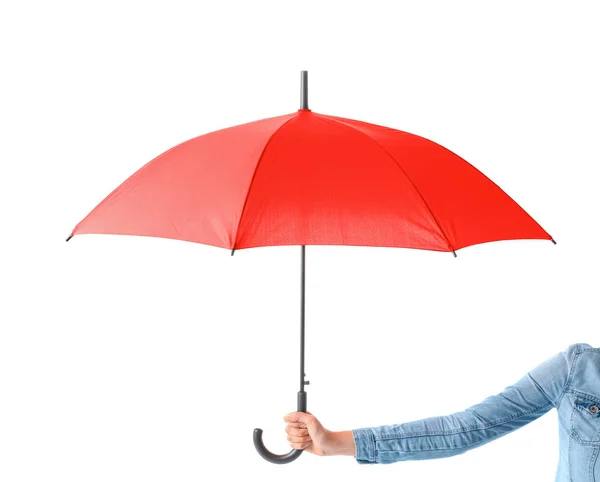 Frau mit stylischem roten Regenschirm auf weißem Hintergrund — Stockfoto