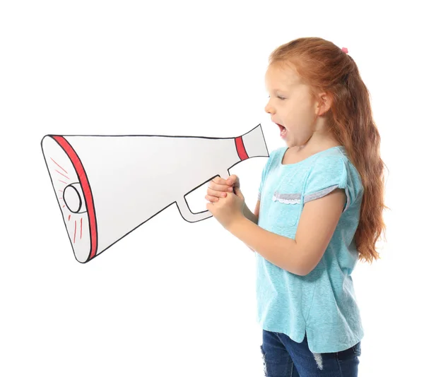 Cute little girl shouting into paper megaphone on white background — Stock Photo, Image