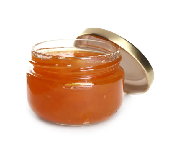 Jar with sweet jam on white background — Stock Photo, Image