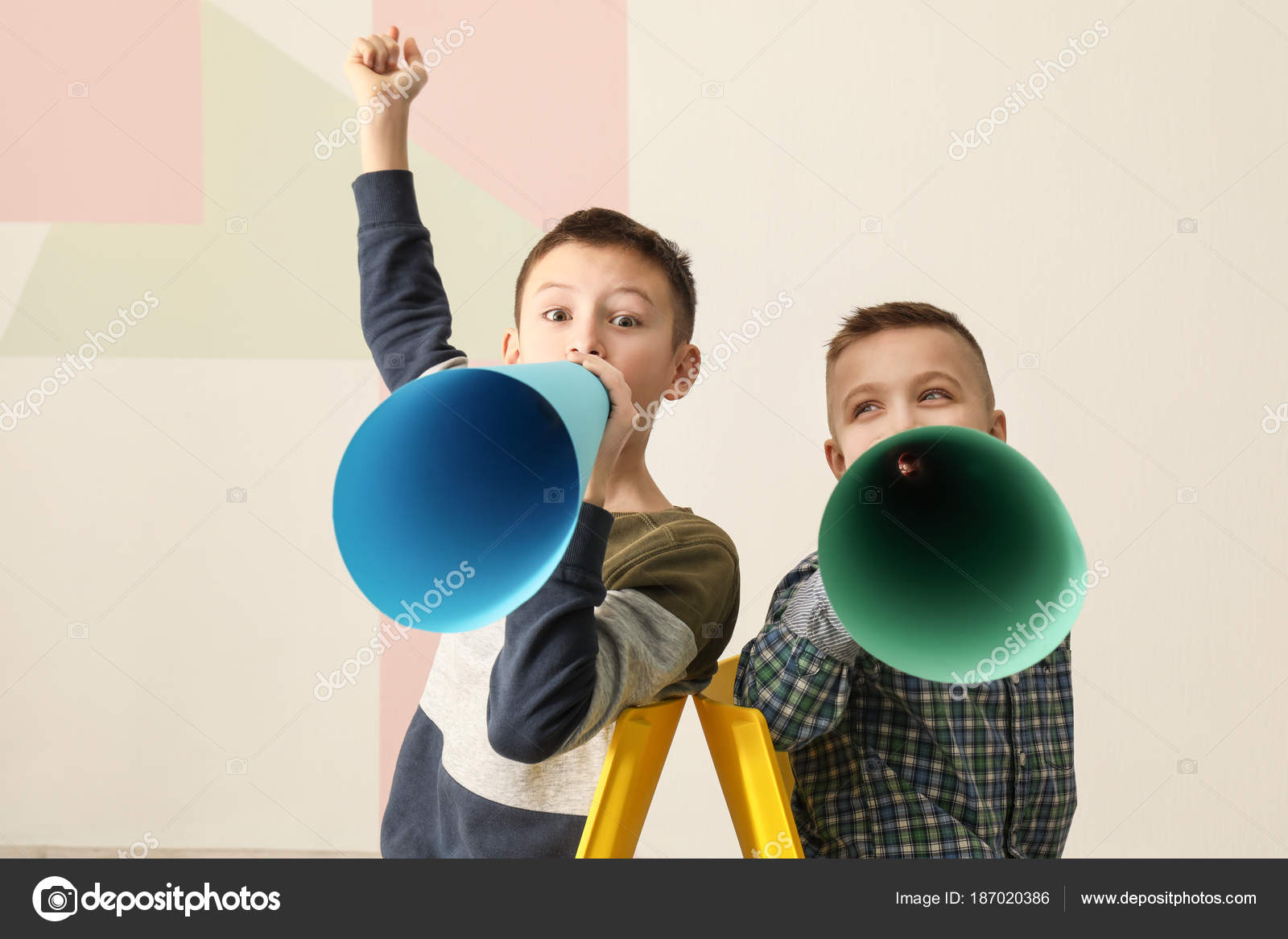 Funny Little Boys With Paper Megaphones On Color Background Stock Photo By C Belchonock Funny Little Boys With Paper Megaphones On Color Background Stock Photo By C Belchonock