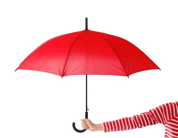 Mujer sosteniendo elegante paraguas rojo sobre fondo blanco — Foto de Stock