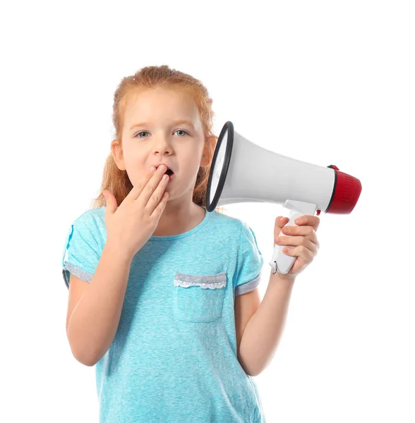 Menina emocional com megafone no fundo branco — Fotografia de Stock