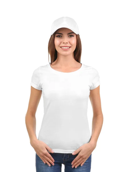 Jeune femme en t-shirt élégant sur fond blanc. Maquette pour le design — Photo
