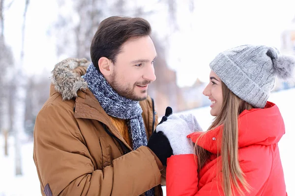 Jovem casal no parque nevado em férias de inverno — Fotografia de Stock