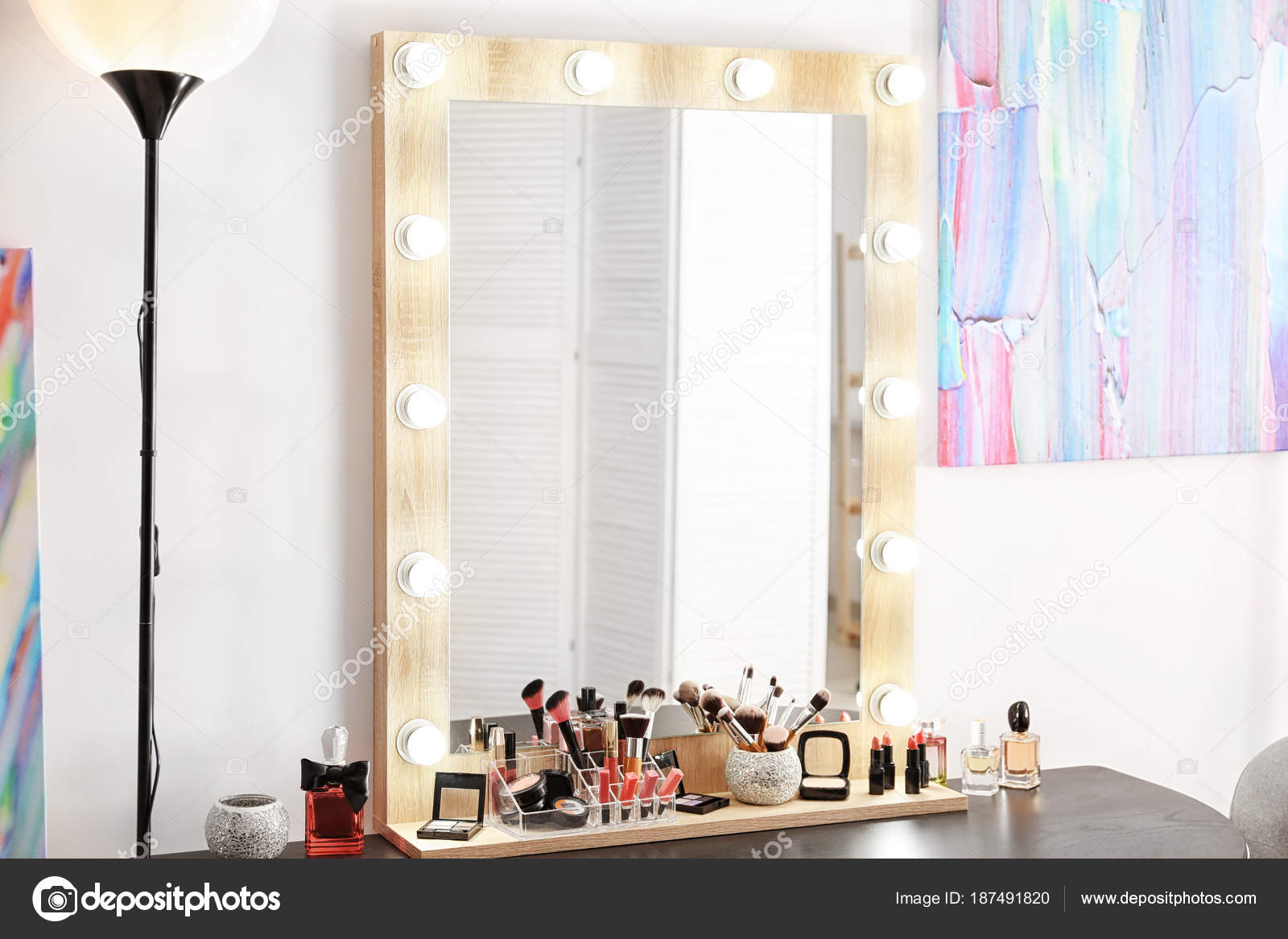 Lamps In Modern Makeup Room Stock Photo, Mirror Room Lamps