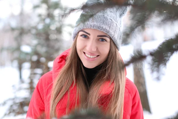 Piękna kobieta w pobliżu jodły w parku na ferie zimowe — Zdjęcie stockowe