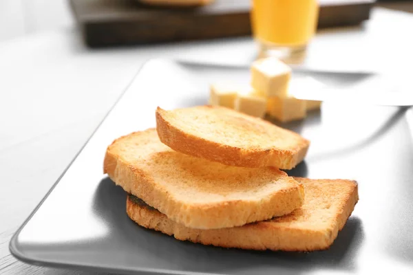 Plate with tasty toasted bread, closeup — Stock Photo, Image